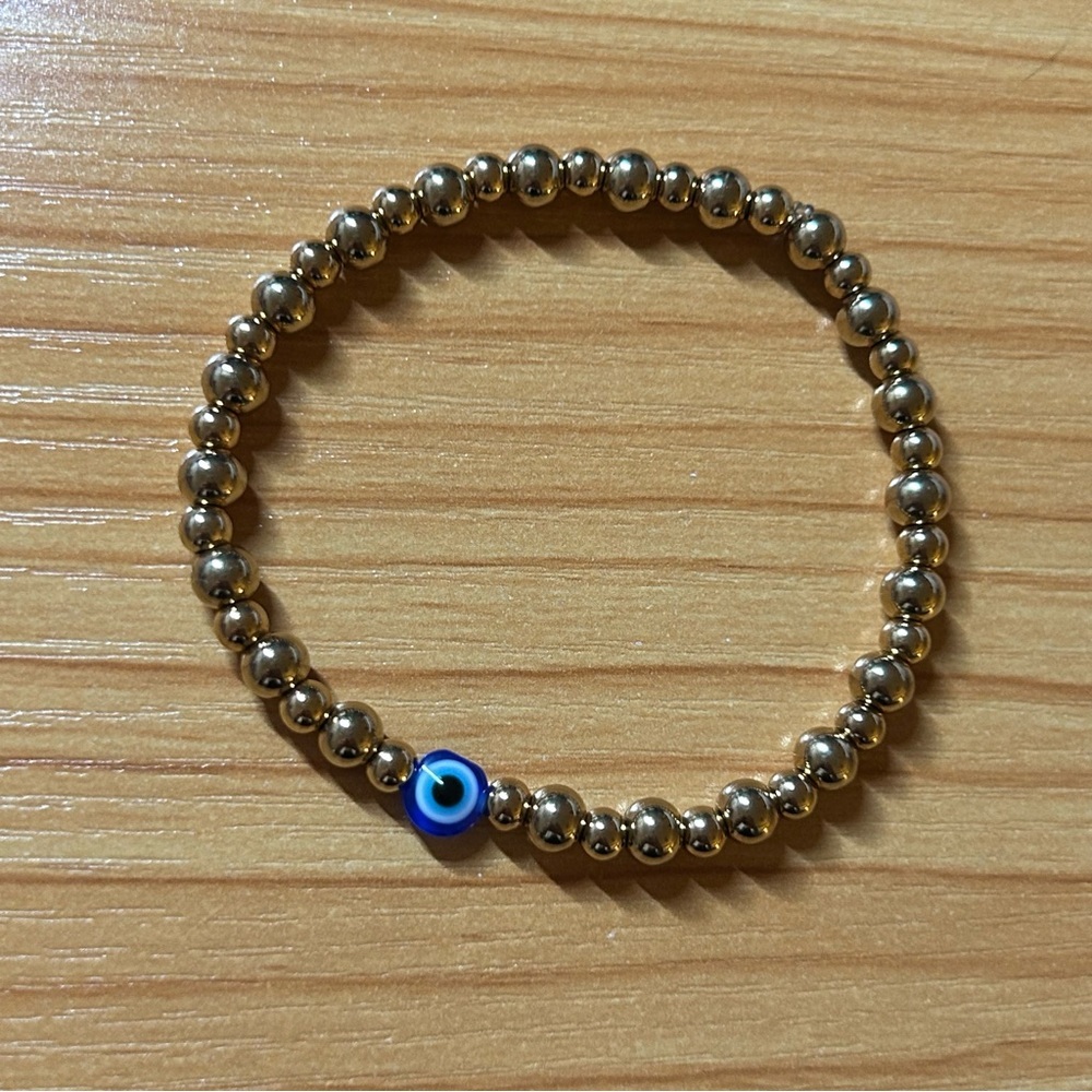 Stainless Steel Gold Beaded Stretch Bracelet w/ Evil Eye 🧿 - Picture 3 of 6